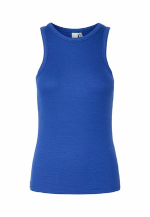 Blå tanktop lavet af ribbet stof, med en rund halsudskæring og uden ærmer, samt en lige kant i bunden.