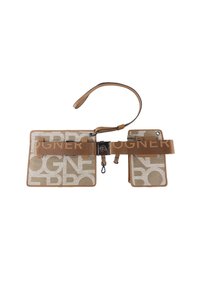 Borsa a marsupio in tessuto tan e beige con grande logo del marchio stampato, multiple tasche e cintura regolabile con fibbia e chiusure a clip.
