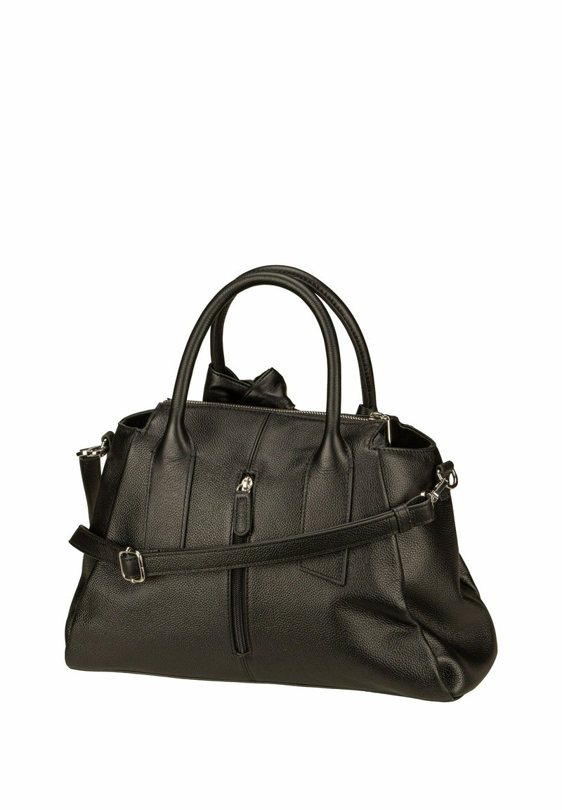 Black leather handbag with dual top handles, adjustable shoulder strap, multiple zippered compartments, and textured finish.