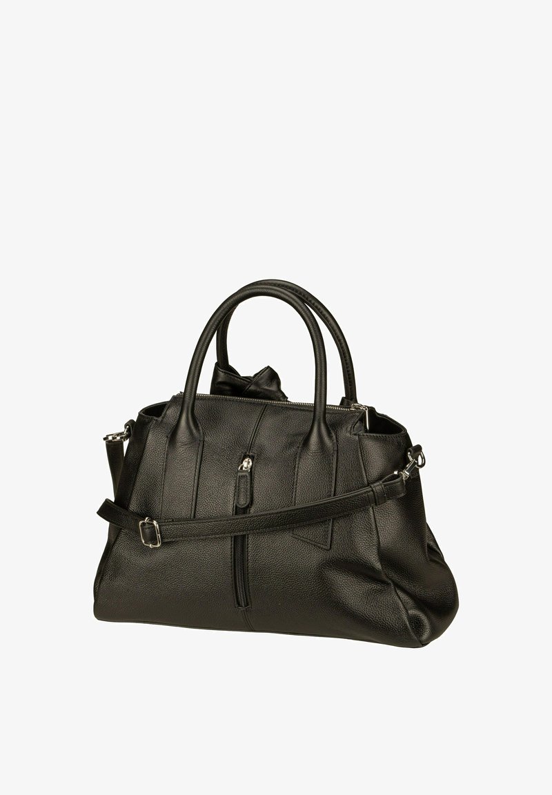 Black leather handbag with dual top handles, adjustable shoulder strap, multiple zippered compartments, and textured finish.