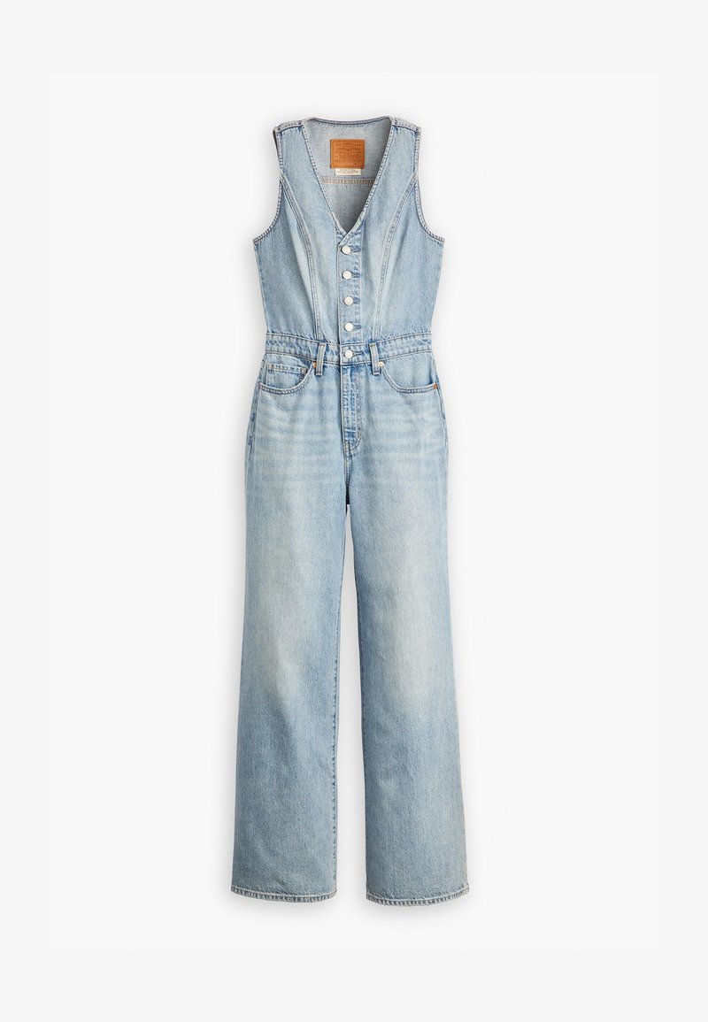 Salopetă din denim de culoare albastru deschis, cu decolteu în V adânc, design fără mâneci, închidere cu nasturi în față și pantaloni evazați. Dispune de două buzunare.