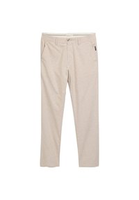 Pantalones ligeros beige con una textura sutil, que cuentan con bolsillos frontales, un cierre de botón y un leve ajuste en el tobillo.