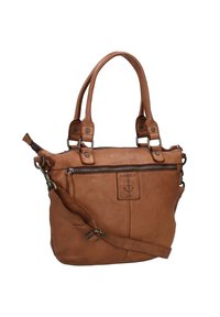 Braune Lederhandtasche mit doppelten Obergriffen und einem abnehmbaren Schulterriemen. Verfügt über ein Reißverschluss-Hauptfach, eine Fronttasche und ein Logopatch.