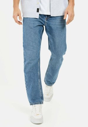 Light blue denim jeans with a straight-leg design. Features subtle whiskering, a faded texture, and classic five-pocket styling.