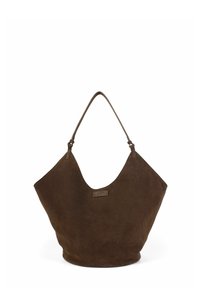 Brown suede tote bag with a distinctive deep V-shaped opening, single shoulder strap, and minimalistic design. No visible hardware or patterns.