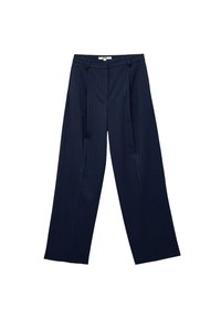 Marinefarbene weit geschnittene Hose mit horizontalen Streifen, ausgestattet mit einem flachen Bund und Falten für eine maßgeschneiderte Passform. Glatte Stoffstruktur.