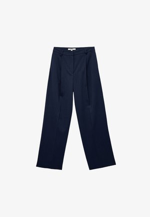 Marinefarbene weit geschnittene Hose mit horizontalen Streifen, ausgestattet mit einem flachen Bund und Falten für eine maßgeschneiderte Passform. Glatte Stoffstruktur.