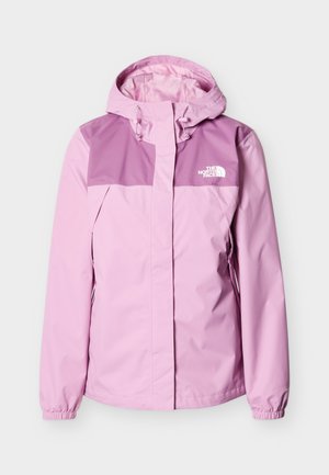 Geacă impermeabilă liliac deschis cu glugă, manșete elastice, două buzunare laterale și logo-ul The North Face pe piept.