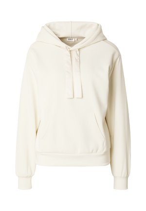 Kermanvärinen hupullinen pusero, jossa edessä kengurutasku, nyörillä säädettävä huppu sekä resorit hihansuissa ja helmassa, esitetty yksinkertaisella taustalla.