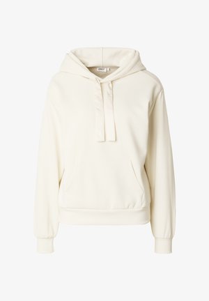 Kermanvärinen hupullinen pusero, jossa edessä kengurutasku, nyörillä säädettävä huppu sekä resorit hihansuissa ja helmassa, esitetty yksinkertaisella taustalla.