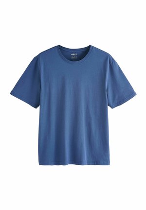Camiseta de algodón de color azul marino, corte regular, mangas cortas, cuello redondo, textura suave, diseño simple, sin patrones ni acentos.