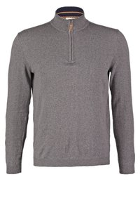 Pull gris à manches longues en maille avec col montant et demi-fermeture éclair, avec poignets et ourlet côtelés.