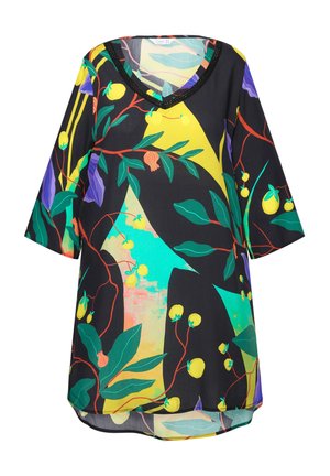 Zwart tuniek met korte mouwen, voorzien van een kleurrijk bloemenpatroon in groen, geel en paars, met een V-halslijn en een afgeronde zoom.