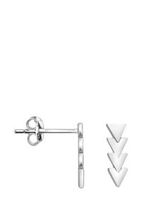 Orecchino a moneta in argento con un design liscio e lucido, decorato con tre accenti triangolari rivolti verso il basso. Forma elegante e moderna con linee pulite.