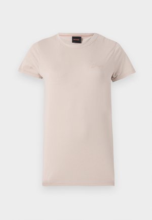 Helles rosa T-Shirt mit kurzen Ärmeln aus weichem Stoff. Verfügt über einen runden Ausschnitt und ein gesticktes Logo auf der Brust.