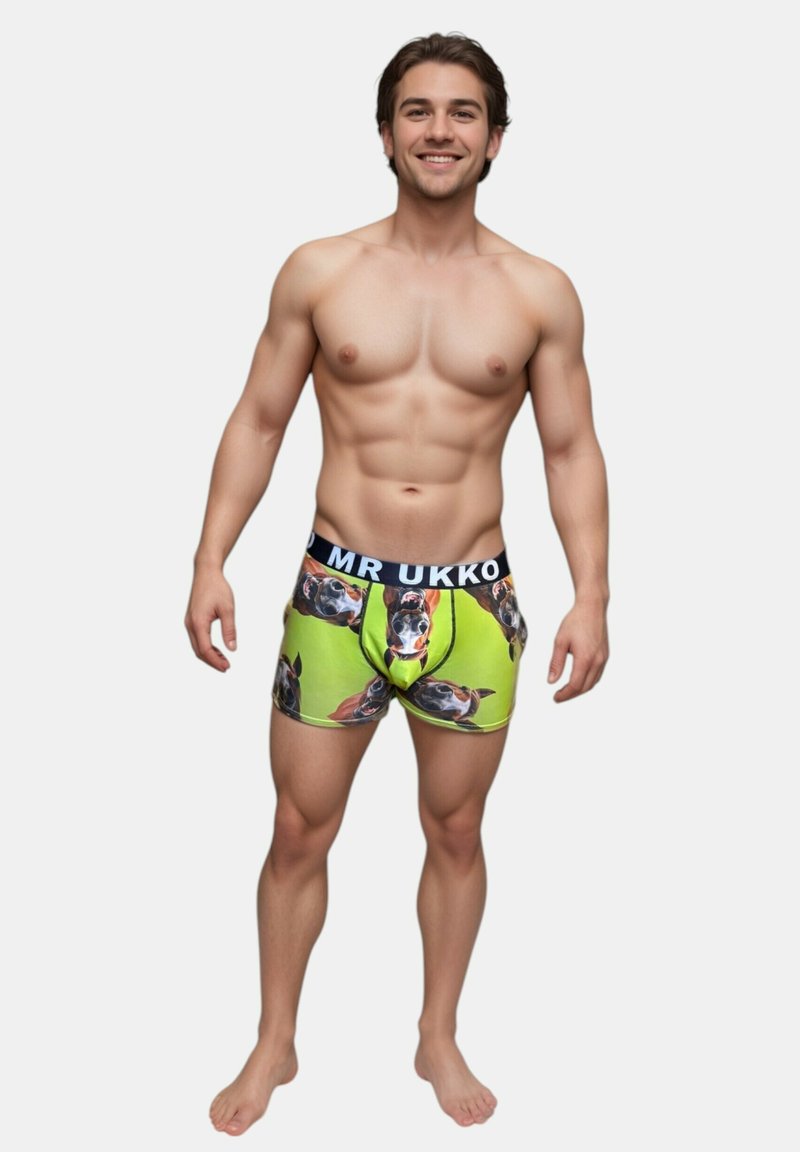 Färgglada kalsonger med en klar grön botten och ett hundtryck. Elastisk midja med "MR UKKO"-branding. Stretchig tygdesign.