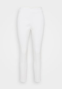 White fitted pants made from a stretchy cotton blend, featuring a smooth texture and seamless design. No visible hardware or patterns.