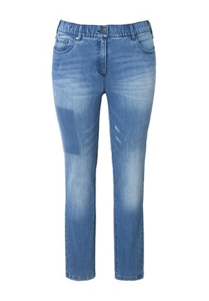 Niebieskie dżinsy z zwężonym nogawkami, z gładką fakturą, subtelnym wyblaknięciem i elastycznym pasem. Zawierają kieszenie z przodu i zapięcie na guziki.