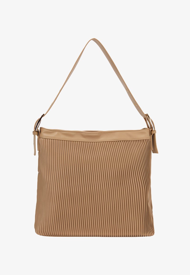 Beige pleated tekonahka käsilaukku, jossa on yksi olkahihna ja sileä avaus ylhäällä. Sisältää hienovaraisia ompelutarkkuuksia.