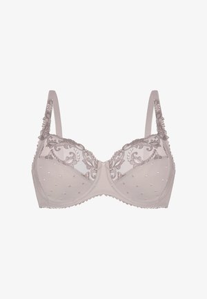 Mauve bh met doorschijnende cups voorzien van bloemmotieven en een stippenpatroon. Zachte verstelbare bandjes met verfijnde randen en een gestructureerde vorm.