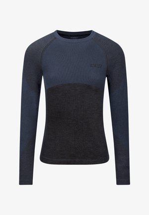 Long-sleeve athletic top in dark navy and charcoal. Textured material with a fitted design and raglan sleeves. Logo on the chest.