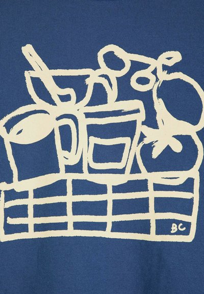 Dessin linéaire simplifié d'un panier contenant une bouteille, une tasse avec une paille, un bocal et un fruit rond sur un fond bleu.