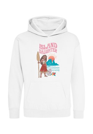 Hvid hættetrøje med et farverigt design af en pige, der holder en pagaj, en gris, ø-bjerge, havets bølger, sol, blomster og tekst "Island Daughter."