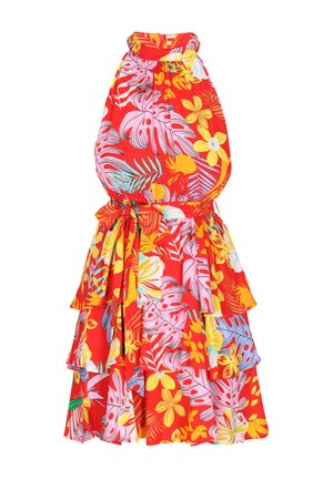 Piros virágmintás ruha, nyakpántos kivágással, színes sárga virágokkal és zöld levelekkel díszítve, réteges fodros szegéllyel.