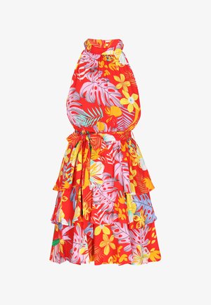 Raudonas gėlių suknelė su kaklo raišteliu, su spalvingais geltonų gėlių ir žalių lapų raštais, bei sluoksniuotomis volanų detalėmis.