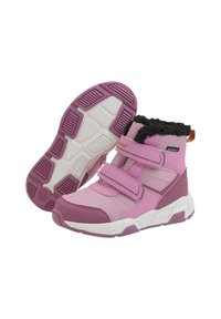 Rosa vattentäta stövlar med en fluffig svart kant, dubbla kardborreband och en vit sula med strukturerade greppmönster.