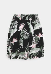 Jupe noire avec une taille ajustée et une bande élastique, présentant un motif tropical de fleurs roses et de feuilles vertes sur toute la surface.