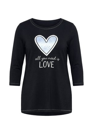 Schwarzes Langarmshirt mit rundem Ausschnitt, vorne mit einem großen silbernen Herz und dem Schriftzug "all you need is LOVE".