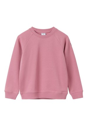 Różowa bluza z miękkiej tkaniny, z raglanowymi rękawami, prążkowanym okrągłym dekoltem i ściągaczami. Bez widocznych wzorów i ozdób.