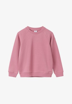 Sweat-shirt rose en tissu doux, avec manches raglan, col rond côtelé et poignets. Aucune motif ni ornement visible.