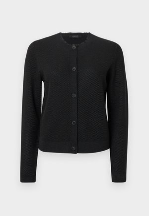 Cardigan noir avec un motif texturé, encolure ronde, manches longues et fermeture à boutons ornés de boutons décoratifs en forme de fleurs.