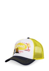 Casquette de camionneur blanche et jaune avec une visière marine, dotée de graphiques brodés, d'un dos en mesh pour la ventilation et d'une fermeture à pression ajustable.