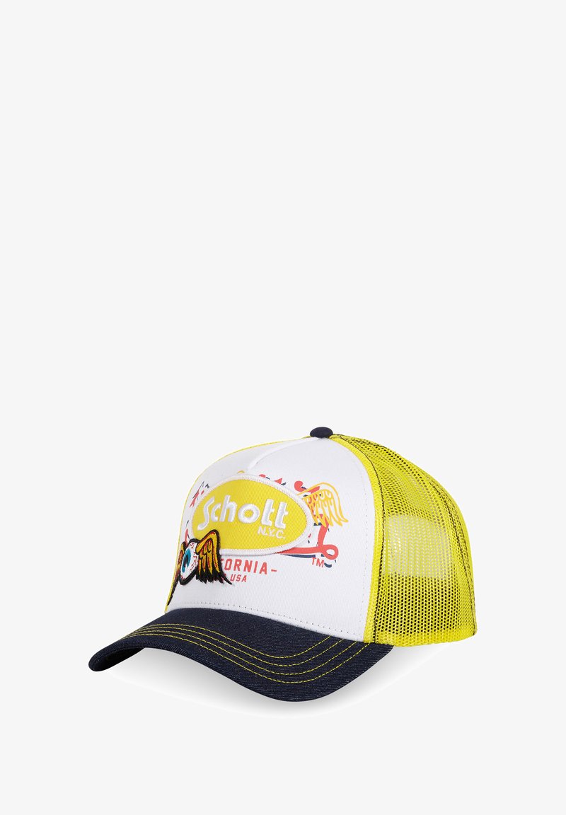 Casquette de camionneur blanche et jaune avec une visière marine, dotée de graphiques brodés, d'un dos en mesh pour la ventilation et d'une fermeture à pression ajustable.