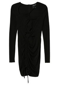 Robe noire à manches longues avec une silhouette ajustée, détails plissés à l'avant et ourlet ajustable à cordon. Fabriquée en tissu extensible et lisse.