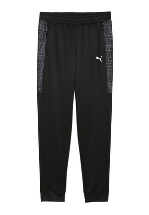 Pantaloni sportivi neri con vita e polsini elasticizzati, con pannelli laterali geometrici grigi e un piccolo logo bianco sulla coscia sinistra.