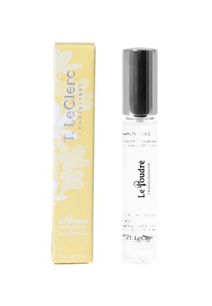 T. LeClerc Le Poudré Frangipanier Eau de Parfum 10 ml Roll-On-Fläschchen mit gelber Verpackung mit Blumenmotiven.