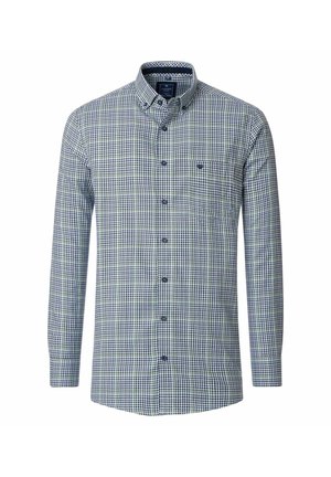 Checkered button-up shirt in navy and green with long sleeves, collared neck, and a single chest pocket. Made from lightweight fabric.