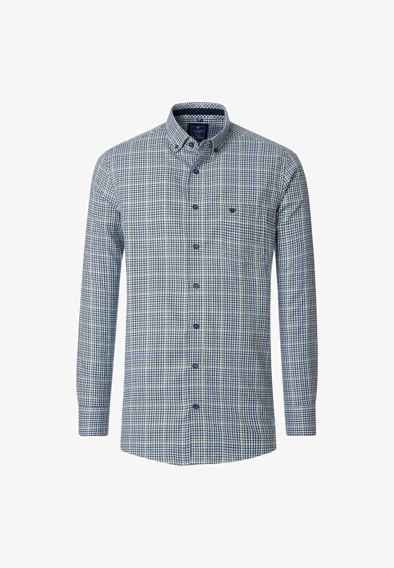 Karierte Hemdbluse in Navy und Grün mit langen Ärmeln, Kragen und einer einzelnen Brusttasche. Hergestellt aus leichtem Stoff.