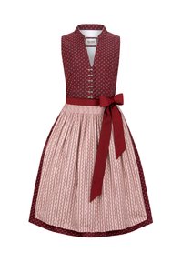 Rotes und cremefarbenes traditionelles Kleid mit eng anliegendem Oberteil, Kragen, Knopfdetails und einem ausgestellten Rock mit vertikalen Streifen und einer Schleife.
