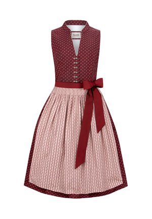 Rotes und cremefarbenes traditionelles Kleid mit eng anliegendem Oberteil, Kragen, Knopfdetails und einem ausgestellten Rock mit vertikalen Streifen und einer Schleife.