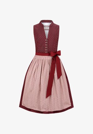 Rotes und cremefarbenes traditionelles Kleid mit eng anliegendem Oberteil, Kragen, Knopfdetails und einem ausgestellten Rock mit vertikalen Streifen und einer Schleife.