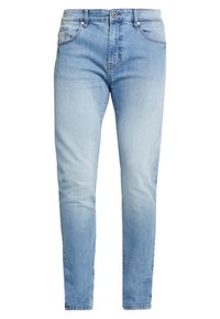 Ljusblå denimjeans med en blekt gradienteffekt, slim fit, fem fickor, bältesloophål och en knappstängning vid midjan.