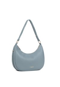 Borsa a spalla in pelle blu con forma curvata, hardware dorato e logo in rilievo. Presenta una sola tracolla regolabile e chiusura con zip.