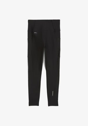 Schwarze Sportleggings aus feuchtigkeitsableitendem Material, mit einem breiten Bund, Seitentaschen und reflektierenden Akzenten für bessere Sichtbarkeit.
