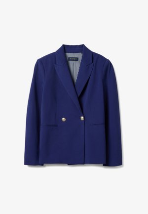 Marineblauer doppelt geknöpfter Blazer mit Kerbkragen, zwei goldenen Knöpfen und schmalen Paspeltaschen, gestreiftes Innenfutter am Kragen sichtbar.