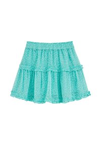 Tyrkysová sukňa s viacerými vrstvami vyrobená z ľahkého materiálu, s bielym kvetinovým vzorom, elastickým pásom a volánovým lemovaním.